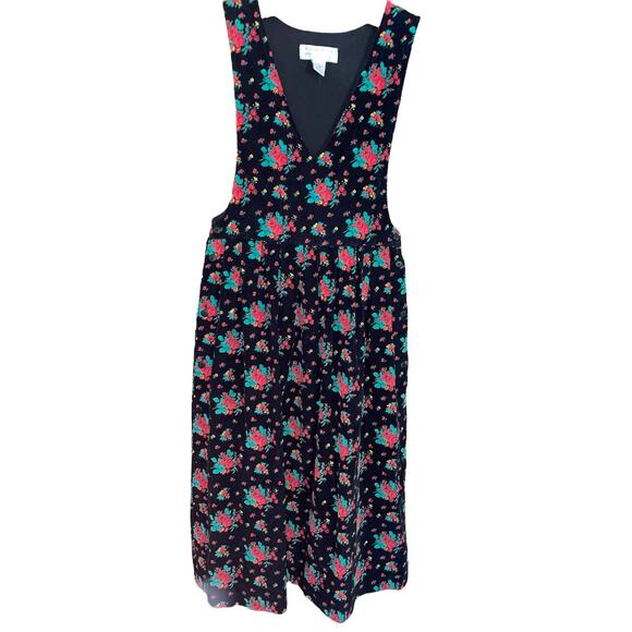 Karen Scott 90s Dark Floral Print Corduroy Pinafore Midi Dress S/M - Picture 1 of 10
